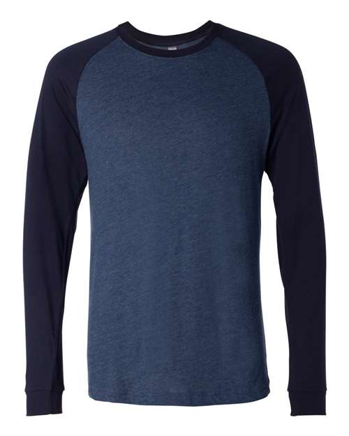BELLA + CANVAS 3000 Men's Long Sleeve Jersey Baseball Tee, Heather Navy/ Midnight