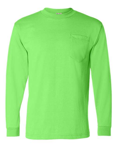 Bayside 1730 Unisex USA-Made 50/50 Long Sleeve Pocket T-Shirt, Safety Green