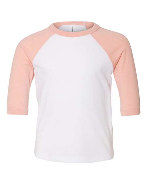 BELLA + CANVAS 3200T Toddler Three-Quarter Sleeve Baseball Tee, White/ Heather Peach