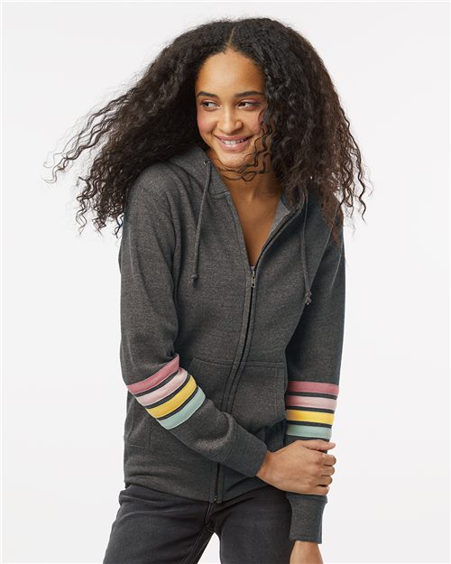 MV Sport W22732 Women's Striped Sleeves Full-Zip Hooded Sweatshirt