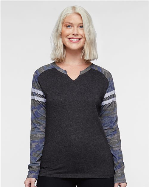 LAT 3534 Women's Fine Jersey Mash Up Long Sleeve T-Shirt
