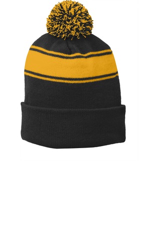 Sport-Tek STC28 Stripe Pom Pom Beanie, Black/ Gold