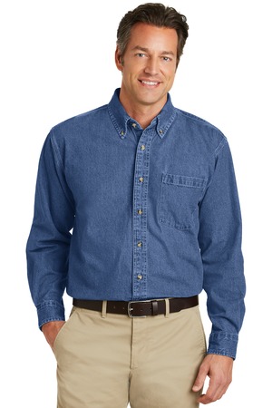 Port Authority S100 Heavyweight Denim Shirt, Dark Blue Stonewashed