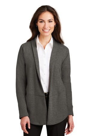Port Authority L807 Women's Interlock Cardigan, Charcoal Heather/ Medium Heather Grey