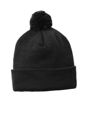 Sport-Tek STC37 Solid Pom Pom Beanie, Black