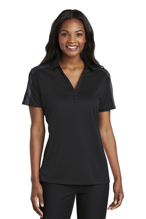 Port Authority L547 Women's Silk Touch Performance Colorblock Stripe Polo, Black/ Steel Grey