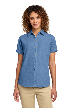 Port & Co LSP11 Women's Short Sleeve Value Denim Shirt, Faded Blue