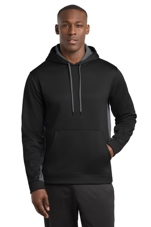 Sport-Tek ST235 Sport-Wick Fleece Colorblock Hooded Pullover, Black/ Dark Smoke Grey
