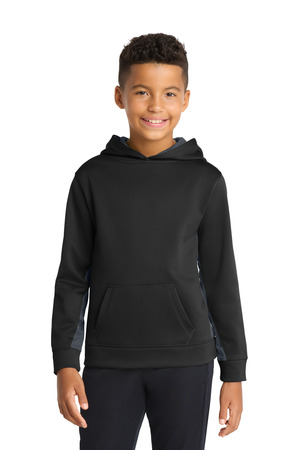 Sport-Tek YST239 Youth Sport-Wick CamoHex Fleece Colorblock Hooded Pullover, Black/ Dark Smoke Grey