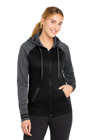 Sport-Tek LST236 Women's Sport-Wick Varsity Fleece Full-Zip Hooded Jacket, Black/ Dark Smoke Grey