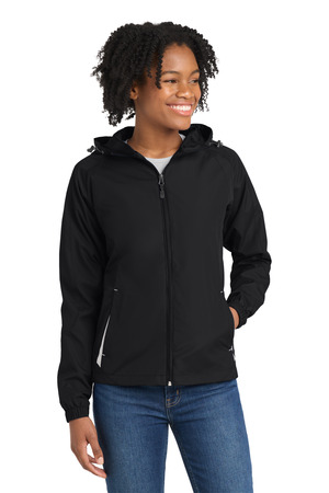 Sport-Tek LST76 Women's Colorblock Hooded Raglan Jacket, Black/ White