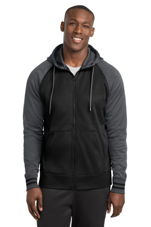 Sport-Tek ST236 Sport-Wick Varsity Fleece Full-Zip Hooded Jacket, Black/ Dark Smoke Grey