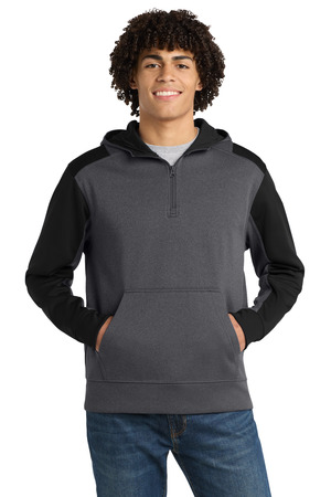 Sport-Tek ST249 Tech Fleece Colorblock 1/4-Zip Hooded Sweatshirt, Graphite Heather/ Black