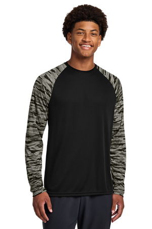 Sport-Tek ST376LS Drift Camo Colorblock Long Sleeve Tee, Black