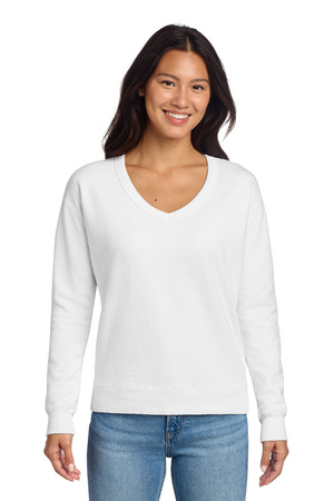 Port & Co LPC098V Women's Beach Wash Garment-Dyed V-Neck Sweatshirt, White
