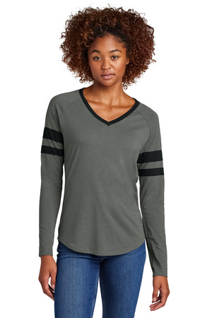 Sport-Tek LST6043 Women's Halftime Stripe Long Sleeve V-Neck Tee, Black/ Vintage Heather
