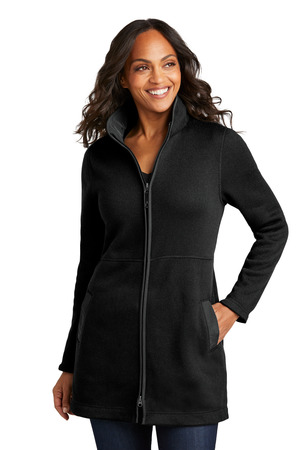 Port Authority L425 Women's Arc Sweater Fleece Long Jacket, Deep Black