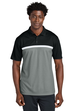 Sport-Tek ST741 UV Micropique Colorblock Polo, Black/ Grey Concrete Heather/ White