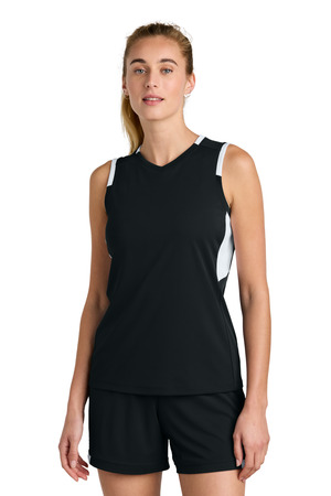 Sport-Tek LST441 Women's Club Sleeveless V-Neck, Black/ White