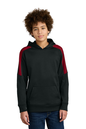 Sport-Tek YST255 Youth Sport-Wick Fleece United Pullover Hoodie, Black/ Deep Red