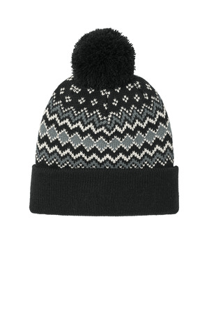 Port Authority C991 Alpine Pom Beanie, Deep Black/ Gusty Grey/ Marshmallow
