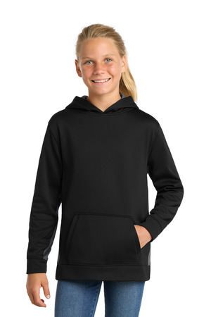 Sport-Tek YST235 Youth Sport-Wick Fleece Colorblock Hooded Pullover, Black/ Dark Smoke Grey