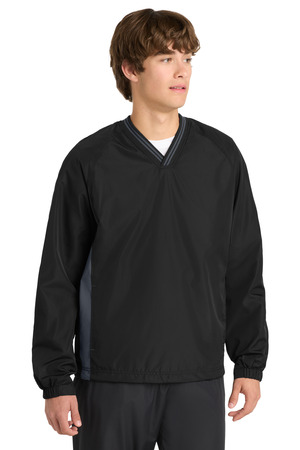Sport-Tek JST62 Tipped V-Neck Raglan Wind Shirt, Black/ Graphite