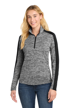 Sport-Tek LST397 Women's PosiCharge Electric Heather Colorblock 1/4-Zip Pullover, Black Electric/ Black