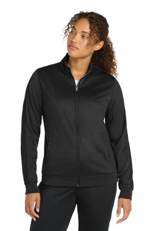 Sport-Tek LST94 Women's Tricot Sleeve Stripe Track Jacket, Black/ Black