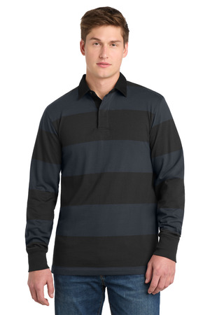Sport-Tek ST301 Classic Long Sleeve Rugby Polo, Black/ Graphite