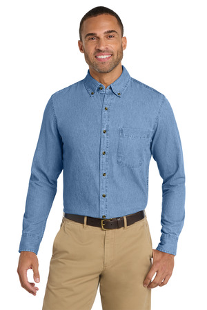 Port & Co SP10 Long Sleeve Value Denim Shirt, Faded Blue