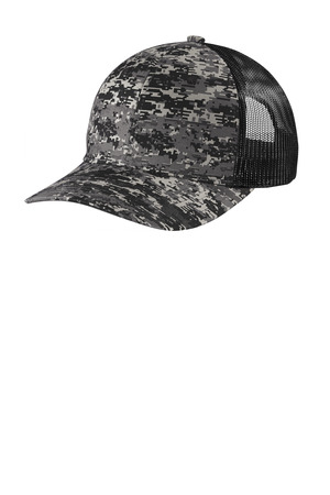 Port Authority C404 Digi Camo Snapback Trucker Cap, Black Digi/ Black