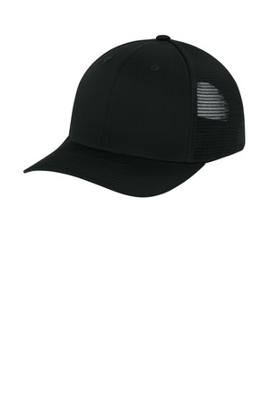 Sport-Tek STC74 Stretch-Tek Snapback Trucker Cap, Black/ Black