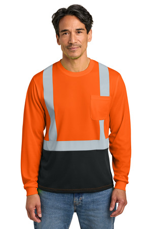 CornerStone CS207 ANSI 107 Class 2 Long Sleeve Mesh Blocked Tee, Safety Orange/ Black