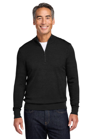 Brooks Brothers BB18412 Washable Merino Birdseye 1/4-Zip Sweater, Deep Black