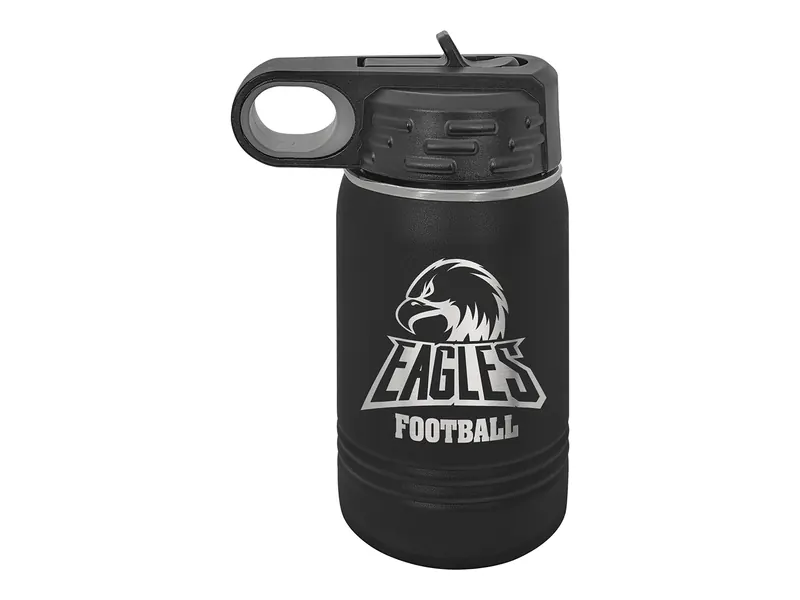 Polar Camel 12 oz water bottle in Black with its standard bottle lid, shown with a sample engraving