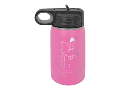 Polar Camel 12 oz water bottle in Pink with its standard bottle lid, shown with a sample engraving