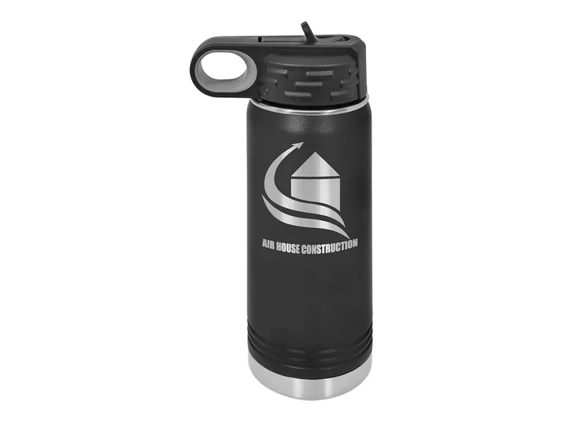 Polar Camel 20 oz water bottle in Black with its standard bottle lid, shown with a sample engraving