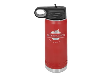 Polar Camel 20 oz water bottle in Red with its standard bottle lid, shown with a sample engraving