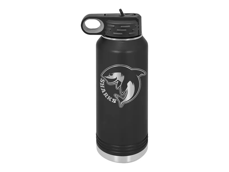 Polar Camel 32 oz water bottle in Black with its standard bottle lid, shown with a sample engraving