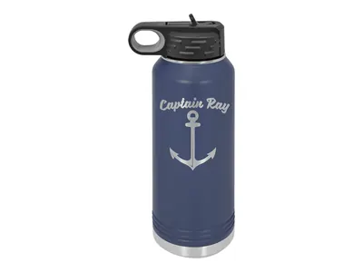 Polar Camel 32 oz water bottle in Navy Blue with its standard bottle lid, shown with a sample engraving