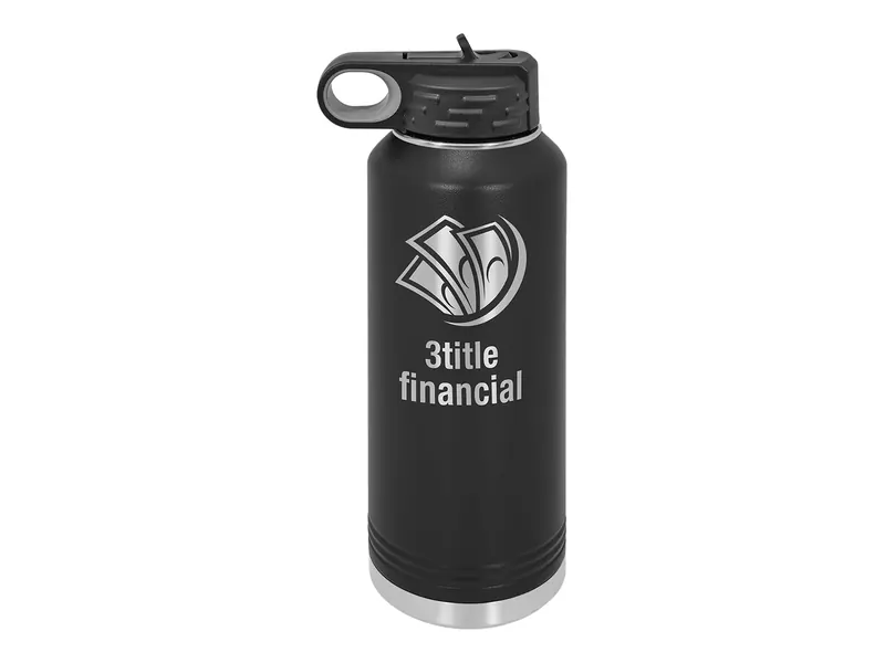 Polar Camel 40 oz water bottle in Black with its standard bottle lid, shown with a sample engraving