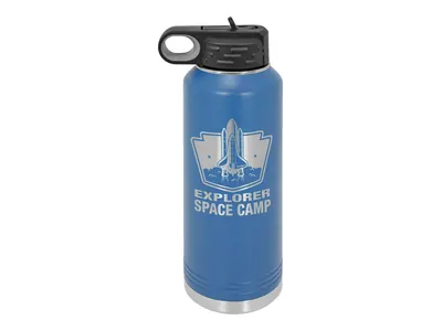 Polar Camel 40 oz water bottle in Royal Blue with its standard bottle lid, shown with a sample engraving