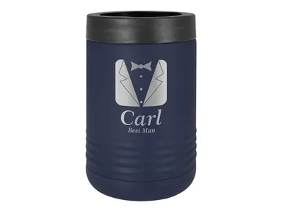 Polar Camel can holder in Navy Blue, shown with a sample engraving