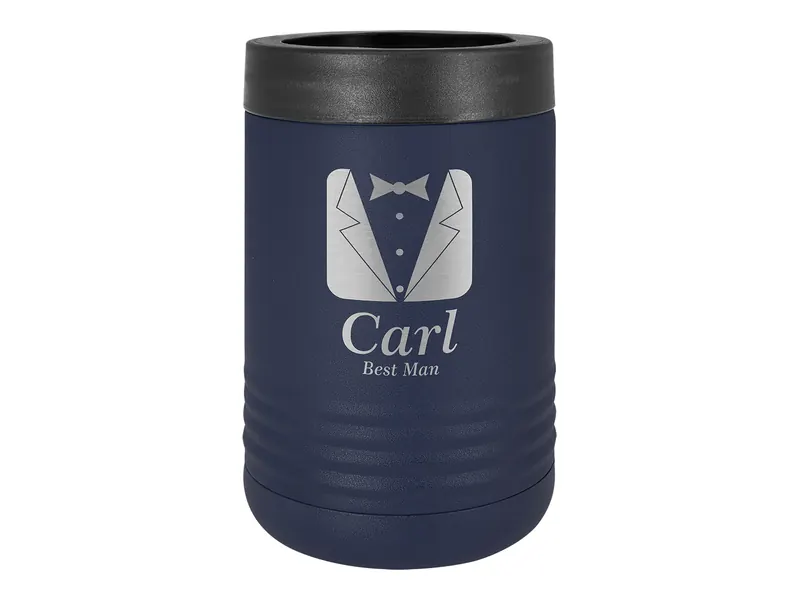 Polar Camel can holder in Navy Blue, shown with a sample engraving
