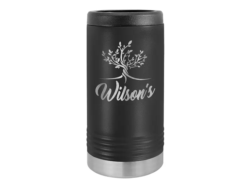 Polar Camel slim can holder in Black, shown with a sample engraving