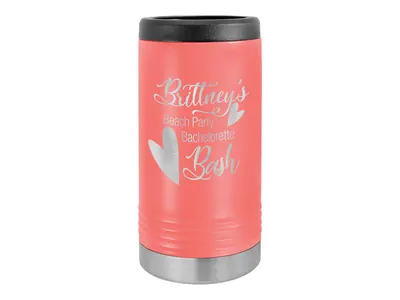 Polar Camel slim can holder in Coral, shown with a sample engraving