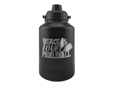 Polar Camel 128 oz jug in Black with its chug lid, shown with a sample engraving