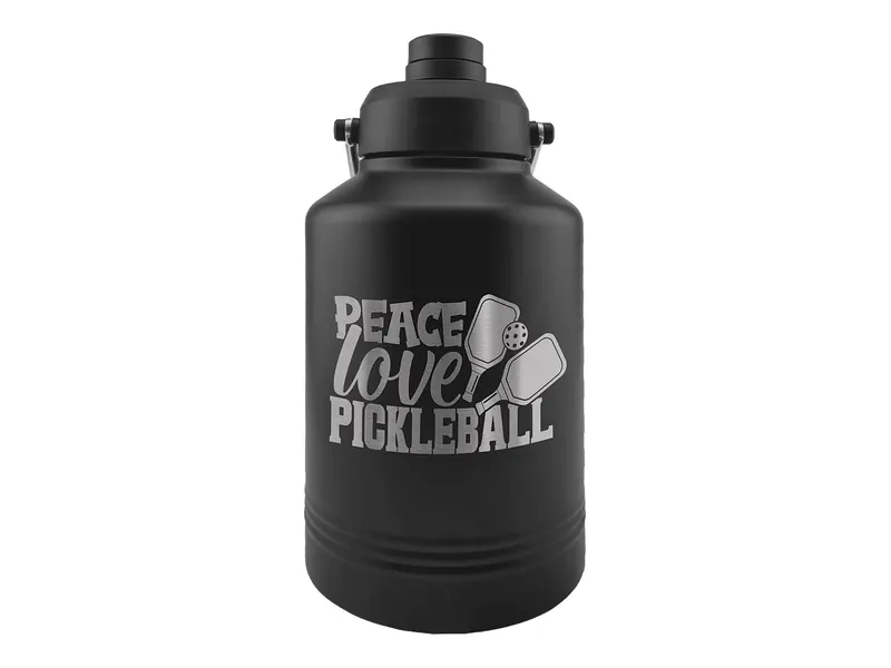 Polar Camel 128 oz jug in Black with its chug lid, shown with a sample engraving