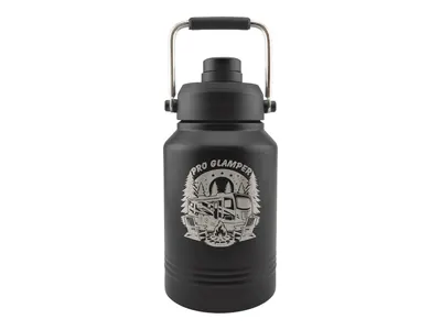Polar Camel 64 oz jug in Black with its chug lid, shown with a sample engraving